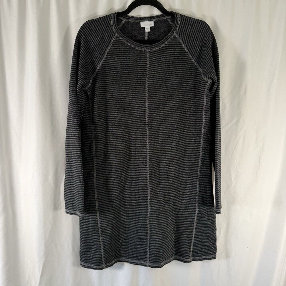J Jill Sweater Dress Women's Small Grey Black Striped Long Sleeve Knit Round Nec